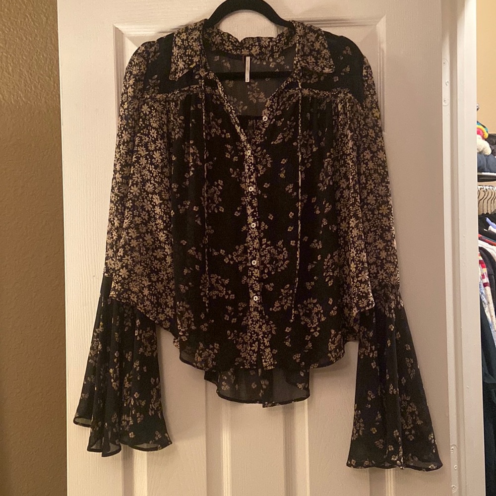 Sheer long bell sleeve button down top